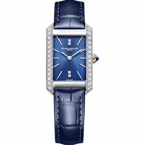 Baume & Mercier Hampton 10709 Women's Quartz Watch - 35mm Blue Dial, Diamond-Set Bezel, Blue Alligator Strap