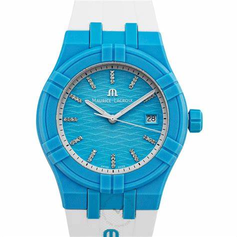 Montre Maurice Lacroix AI2008-AAAA1-3A0-0 Hommes Aikon #Tide 40mm, cadran bleu ciel, bracelet caoutchouc blanc