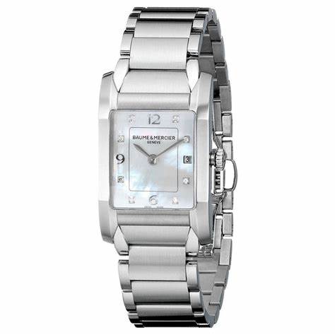 Baume & Mercier Hampton 10050 Reloj de cuarzo para mujer, esfera nacarada, índices con diamantes, brazalete de acero