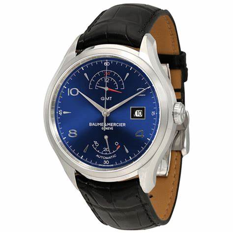 Baume & Mercier Clifton 10316 Orologio automatico GMT da uomo - Quadrante blu 43 mm, indicatore della riserva di carica, cinturino in alligatore nero
