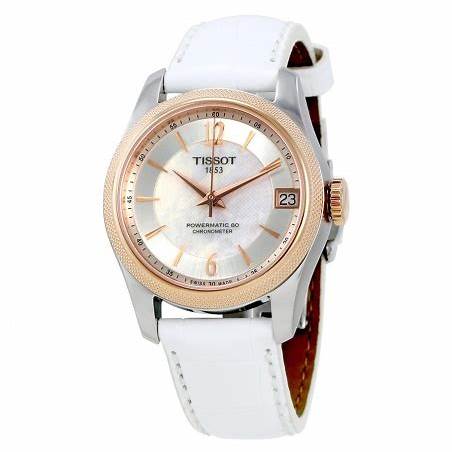 Tissot Ballade Powermatic 80 COSC Lady T108.208.26.117.00 Reloj automático para mujer, esfera nacarada, correa de piel blanca