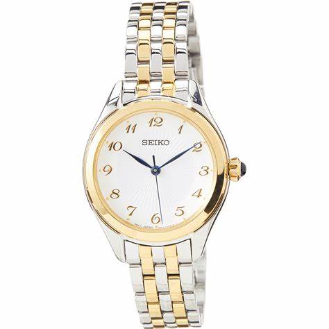 Seiko SUR380P1 Reloj de cuarzo para mujer, esfera plateada, brazalete bicolor de acero inoxidable