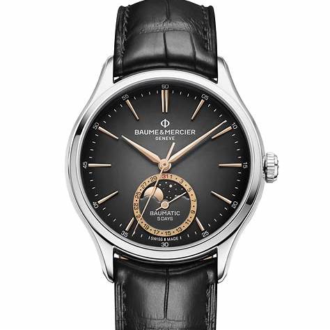 Baume & Mercier Clifton 10758 Reloj Automático Fases de la Luna para Hombre - 39mm Esfera Gris, Correa de Aligátor Negra