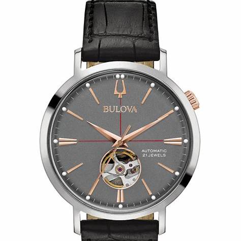 Orologio da uomo Bulova Classic Automatic 98A187 - Cassa in acciaio inossidabile da 41 mm, quadrante grigio con apertura, cinturino in pelle nera