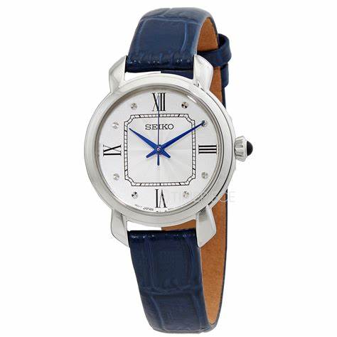 Seiko SUR497P2 Reloj de cuarzo para mujer, esfera plateada, correa de piel azul