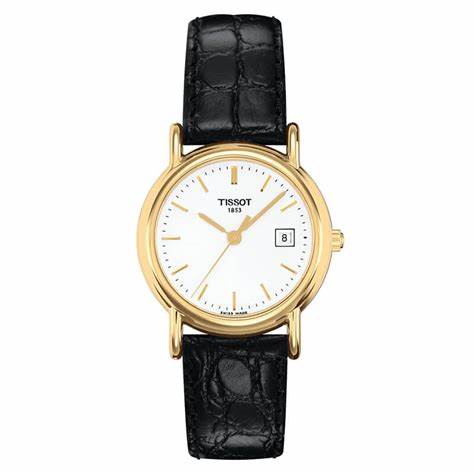 Tissot Carson T71.3.129.11 Reloj de cuarzo para mujer, esfera plateada, caja de oro amarillo de 18 quilates, correa de piel