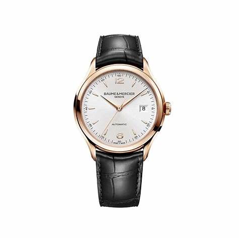 Baume & Mercier Clifton 10058 Reloj Automático Hombre - 39mm Esfera Plateada, Caja Oro Rosa 18K, Correa Aligátor Negra