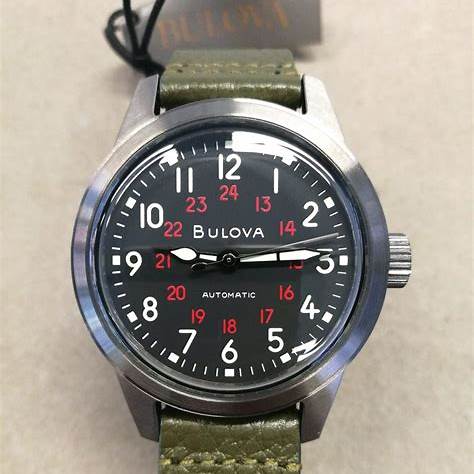 Bulova Hack 98A255 Orologio automatico da uomo - Cassa in acciaio inossidabile da 38 mm, quadrante nero, cinturino in pelle verde NATO