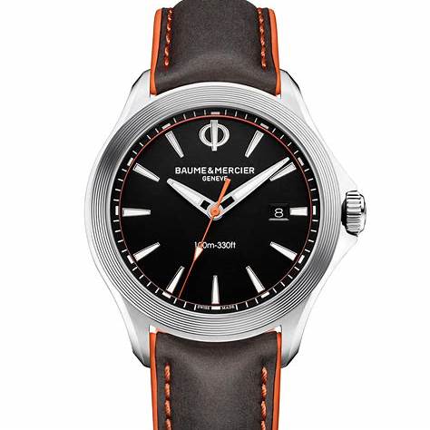 Orologio al quarzo Baume & Mercier Clifton Club 10411 Uomo - Quadrante nero 42 mm, cinturino in pelle nera