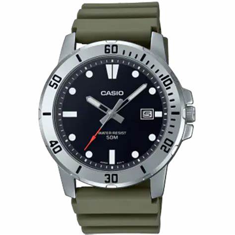 CASIO & VINTAGECasio MTP - VD01 - 3EVUDF Men's Analog Watch - 45mm Black Dial, Green Resin StrapWATCHESEcecile