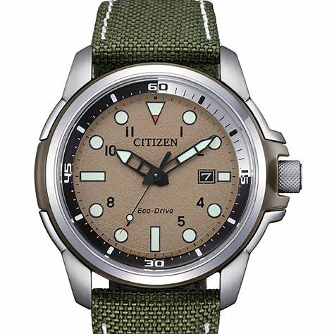 Reloj Citizen AW1801-19X Eco-Drive para hombre, esfera beige, correa de nailon verde