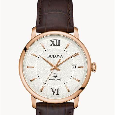 Orologio automatico da uomo Bulova Hudson 97B225 - Cassa in acciaio inossidabile da 39 mm con tonalità oro rosa, quadrante argentato, cinturino in pelle marrone
