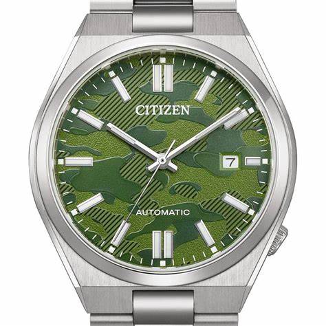 Citizen NJ0159-86X Montre automatique Tsuyosa pour hommes, cadran vert camouflage, bracelet en acier inoxydable