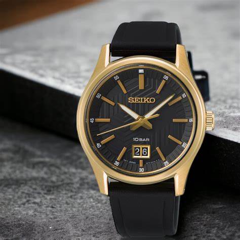 SEIKOSeiko SUR560P1 Men's Quartz Watch, Black Dial, Gold - Tone Stainless Steel Case, Black Silicone StrapWATCHESEcecile