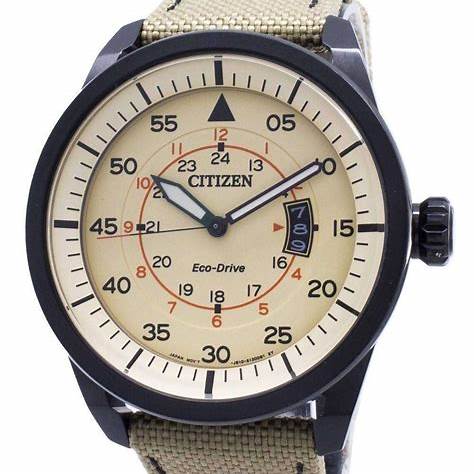 Reloj de aviador Citizen AW1365-19P Eco-Drive para hombre, esfera beige, correa de nailon