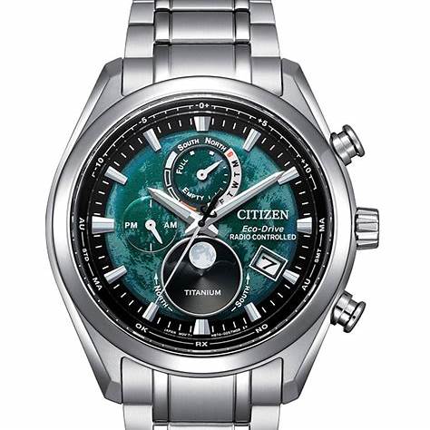 Reloj Citizen BY1010-81X Eco-Drive con fases de la luna controladas por radio para hombre - 43 mm, esfera verde, brazalete de supertitanio