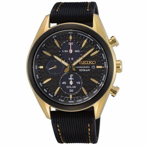 Seiko SSC804P1 Reloj cronógrafo solar para hombre, esfera negra, caja de acero inoxidable dorado, correa de silicona negra