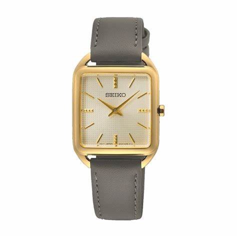 SEIKOSeiko SWR090P1 Women's Quartz Watch, Beige Dial, Gold - Tone Case, Grey Leather StrapWATCHESEcecile