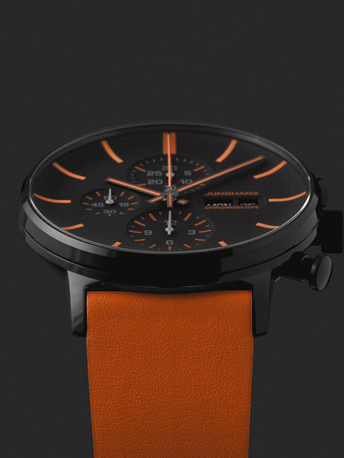 Junghans FORM A Chronoscope 027/4370.01 Men's Watch - 42mm Black Dial, Orange Leather Strap