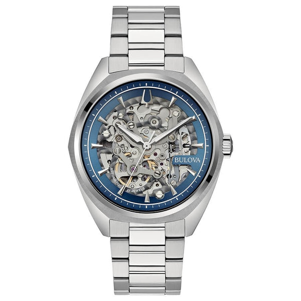 BULOVABulova Surveyor 96A292 Men's 41mm Skeleton Dial Automatic Watch - Blue Dial, SS BraceletWATCHESEcecile