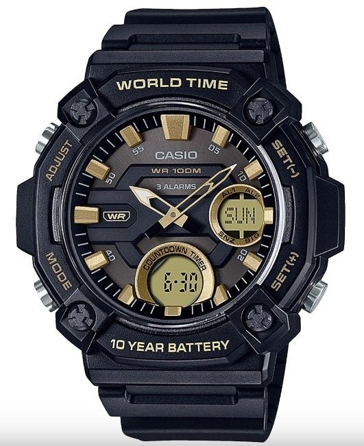 CASIO & VINTAGECasio AEQ - 120W - 9AVDF Men's Analog - Digital Watch – Black Resin Band, Gold DialWATCHESEcecile