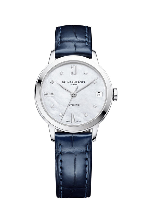 Baume & Mercier Classima 10545 Reloj Automático Mujer - 31mm Esfera Nacarada, Marcadores Diamante, Correa Aligátor Azul