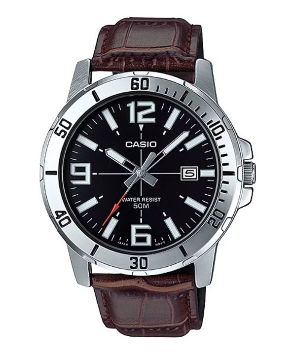 CASIO & VINTAGECasio MTP - VD01L - 1BVUDF Men's Watch – Black Dial, Brown Leather Strap, 50M Water ResistanceWATCHESEcecile