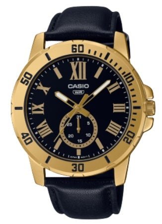 CASIO & VINTAGECasio MTP - VD200GL - 1BUDF Men's Watch – Gold - Tone Case, Black Dial, Leather StrapWATCHESEcecile