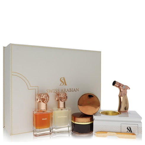 Swiss Arabian Bakhoor Dukhoon Al Haram Cologne By Swiss Arabian Gift Set - Gift Set contains 2 x 1.7 oz Eau De Parfum in Wajd & Gharaam + 2 x 60 grams of Incense in Dukhoon Al Haram & Oud Muattar Mumtaz