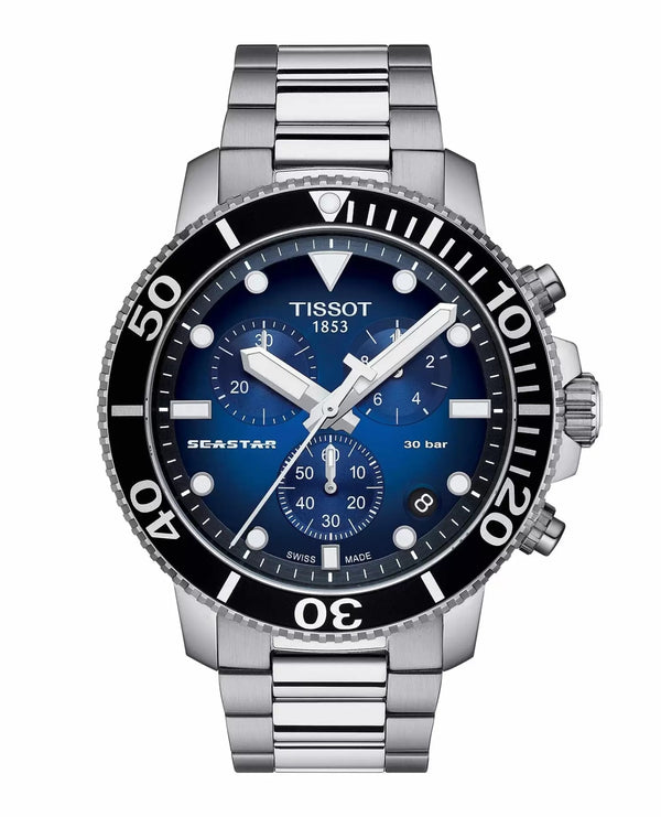TISSOTTissot Seastar 1000 Chronograph T120.417.11.041.01 Men's 45.5mm Quartz Watch – Gradient Blue Dial, Stainless Steel Bracelet, 300m Water ResistanceWATCHESEcecile
