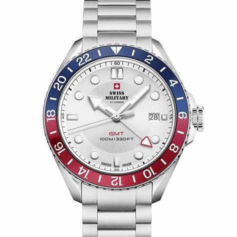 Swiss Military SM34095.02 Men's GMT Quartz Watch - Stainless Steel with Silver Dial