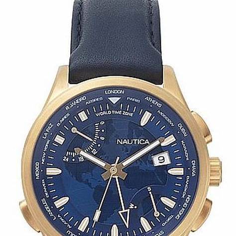 Nautica NAPSHG002 Men's World Time Watch - Blue Dial, Rose Gold-Tone Case, Blue Leather Strap