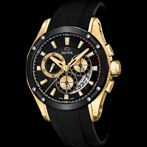 Jaguar Men's Swiss Quartz Chronograph Watch - Model J691/2, Gold PVD Stainless Steel Case, Black Dial, Black Rubber Strap