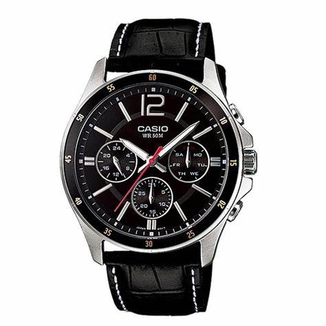 Casio MTP-1374L-1AVDF Herrenuhr - Schwarzes Zifferblatt, Schwarzes Lederarmband