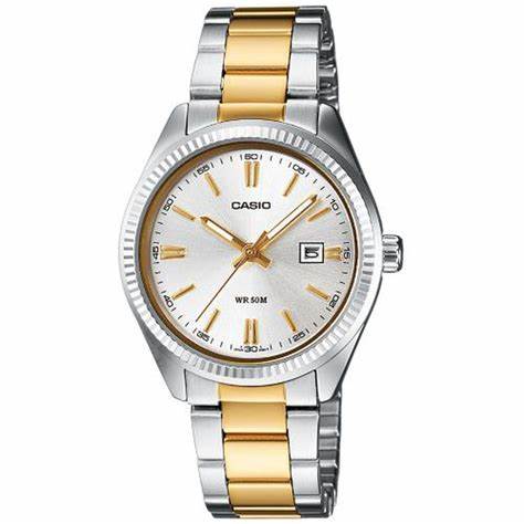 Casio LTP-1302PSG-7AVEG Damen Analog Uhr – Silbernes Zifferblatt mit zweifarbigem Edelstahlarmband