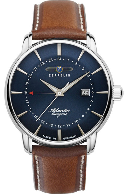 Zeppelin Atlantic Timezone GMT 8442-3 Men's Watch - Blue Dial, Brown Leather Strap