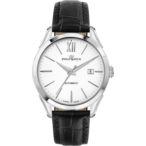 Philip Watch R8221217005 Roma Automatik Herrenuhr - 41mm, weißes Zifferblatt, schwarzes Leder