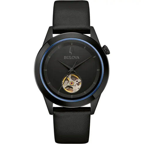 Bulova 98A323 Men's Automatic Watch – Black PVD Case, Open Heart Dial, Leather Strap