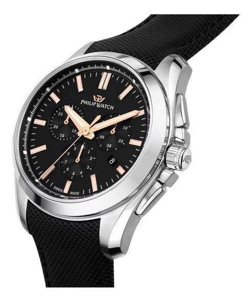 Philip Watch Amalfi R8271618002 Herren Chronograph - Edelstahlgehäuse, schwarzes Lederarmband