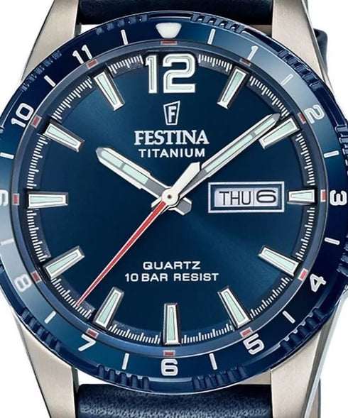 Festina Titanium Date F20699/2 Men’s 43 mm Quartz Watch – Blue Dial, Day/Date, Titanium Case & Leather Str