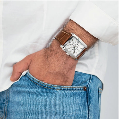 Festina F20636/1 Men’s Timeless Chronograph – Silver Rectangle, Brown Leather 38 mm