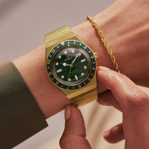 Timex Q TW2V92200 Women’s 36 mm Green Malachite Dial Gold-Tone Watch