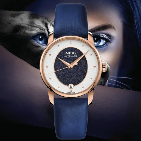 Mido Baroncelli Wild Stone M035.207.37.491.00 Orologio automatico da donna - Quadrante bianco con avventurina blu, bracciale in acciaio inossidabile