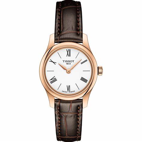 Tissot Tradition 5.5 Lady's Watch - White Dial, Rose Gold PVD Case, Brown Leather Strap