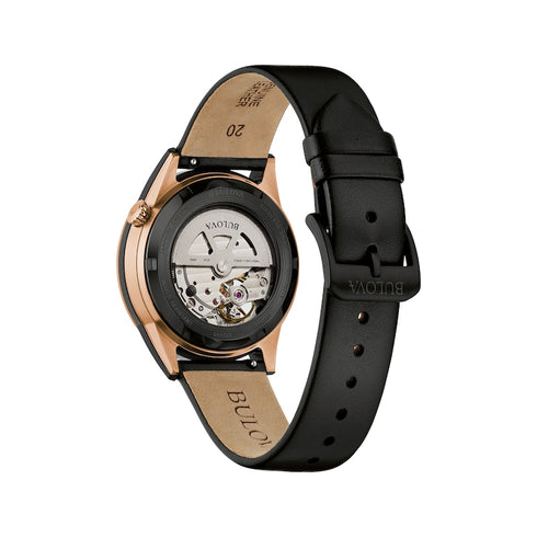Bulova 98A322 Men's Automatic Watch – Black IP Case, Open Heart Dial, Leather Strap