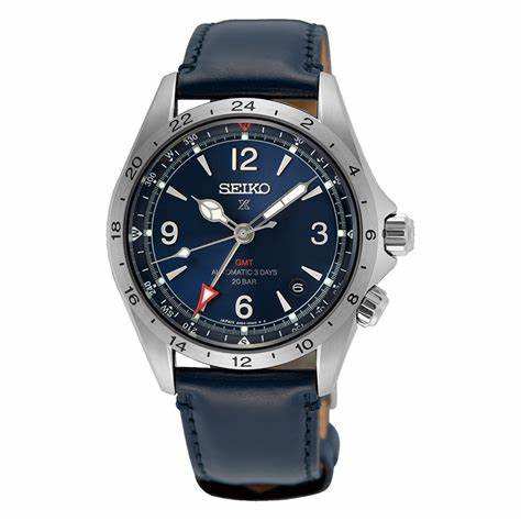 Seiko Prospex SPB377J1 Herren Automatik GMT Uhr - Alpinist Serie, Blaues Zifferblatt, Blaues Lederarmband