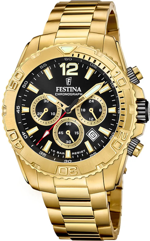 Festina Timeless Chronograph F20684/4 Men’s 45 mm Quartz – Gold-Tone Stainless Steel, Black Dial, Chronograph, 100 m Water‑Resistant