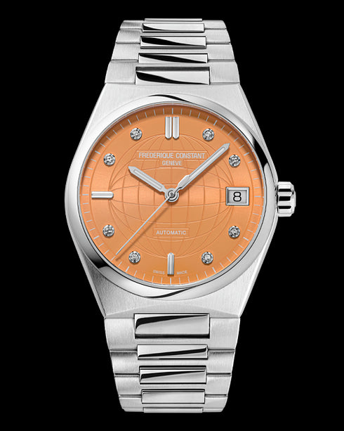 Frederique Constant Highlife Ladies Automatic FC-303OD2NH6B - 34mm Stainless Steel Case, Orange Dial with 8 Diamonds