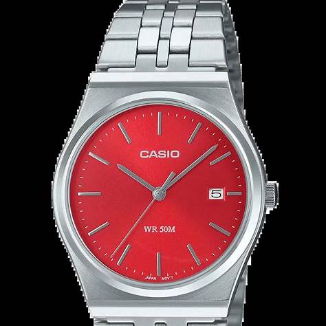 Casio MTP-B145D-4A2VEF Herren Analog Uhr – Rotes Zifferblatt mit Edelstahlarmband