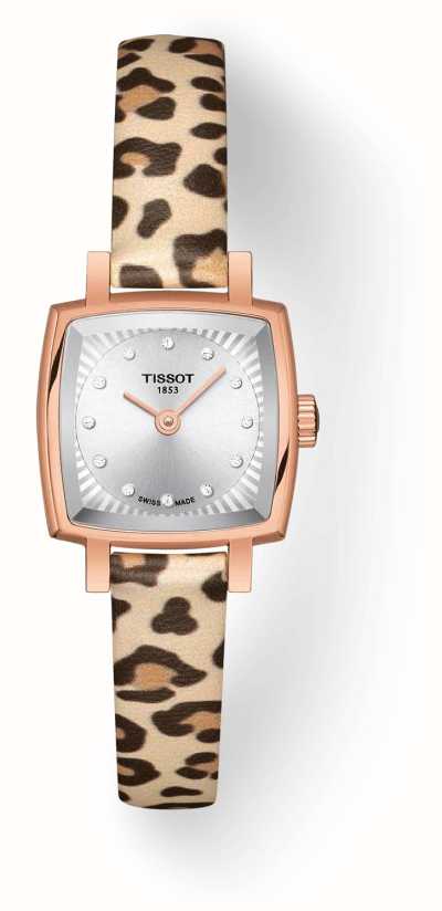 Reloj Tissot Lovely Square T0581093703600 para mujer: caja de oro rosa y correa con estampado de leopardo.